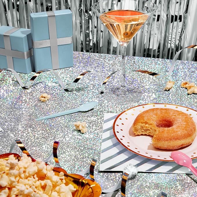 8 pcs Silver Holographic Tablecloths Shiny Disco Laser Table Cloths 40" x 108" Iridescence Plastic White Table Cover for Birthday Party Decoration Wedding Christmas Winter Grad Party Supplies