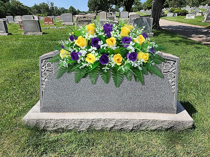 Artificial Cemetery Flowers Saddle-Shaped Tombstone Decorations Non-Fading UV-Resistant（ Yellow+Purple Saddle）