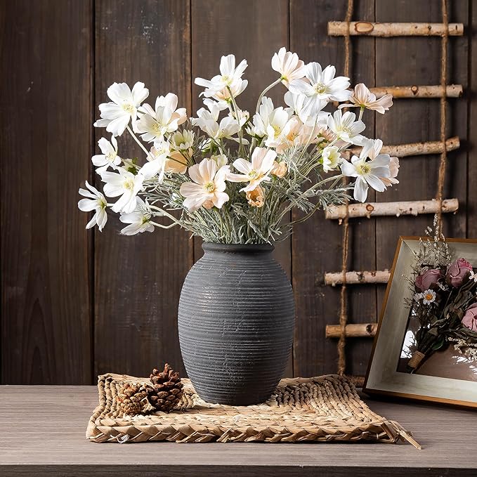 8 Inch Ceramic Black Vase -Rustic Flower Decorative Vases for Home Decor- Vintage Pottery VaseTerracotta Vase for Christmas, Farmhouse House Shelf Decor Farmhouse Table, Lyeec