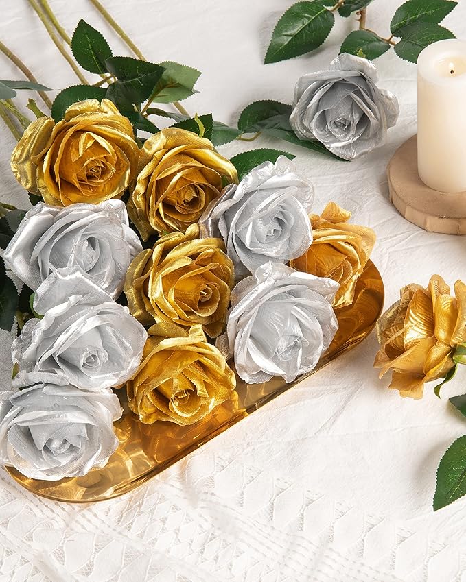 DuHouse 10pcs Silk Roses Artificial Flowers Fake Rose for Arrangement Wedding Party Home Decoration (Gold)