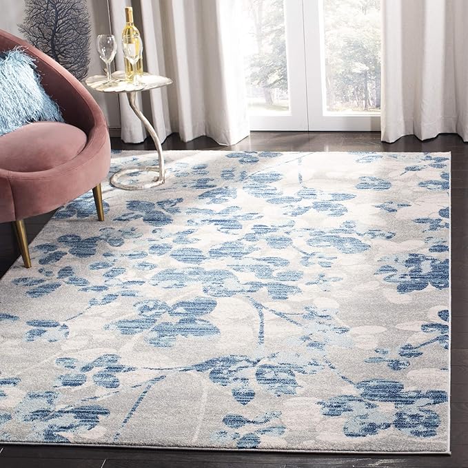 SAFAVIEH Evoke Collection 3' x 5' Grey/Light Blue EVK236J Floral Non-Shedding Living Room Bedroom Accent Rug