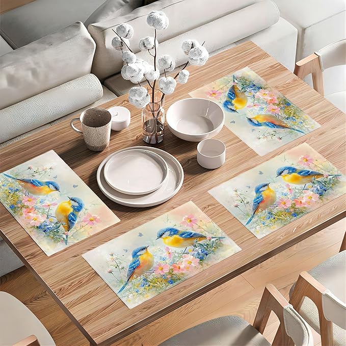 Birds Placemats Set of 4 Animal Birds Watercolor Table Mats Washable Place Mats for Home Party Kitchen Indoor Outdoor Restaurants 4 PCS