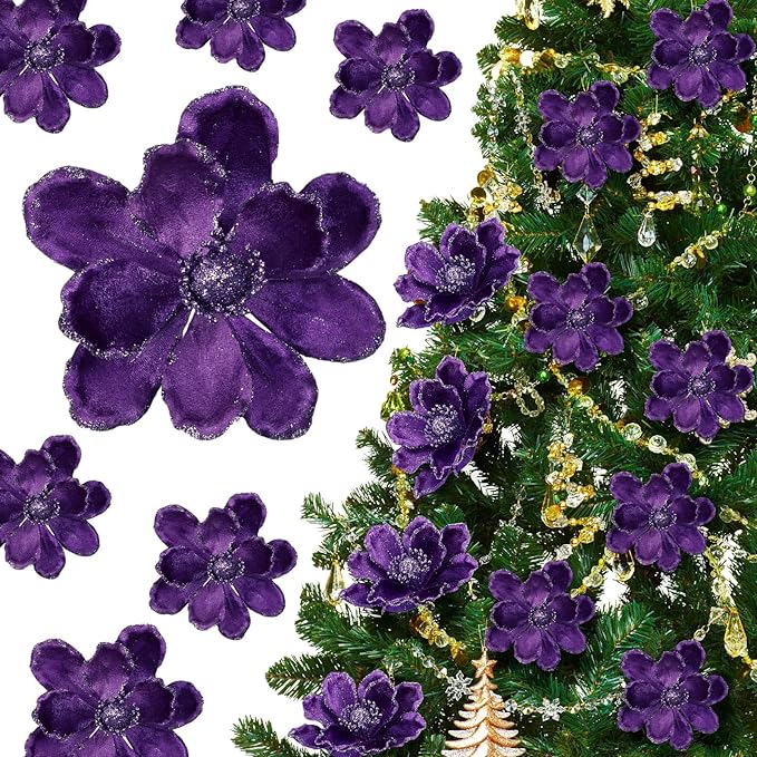 20 Pcs Christmas Glitter Poinsettia Magnolia Flowers Ornaments Large Heads Artificial Magnolia Flowers for Christmas Tree Xmas Wreath Holiday Wedding Decor (Purple)