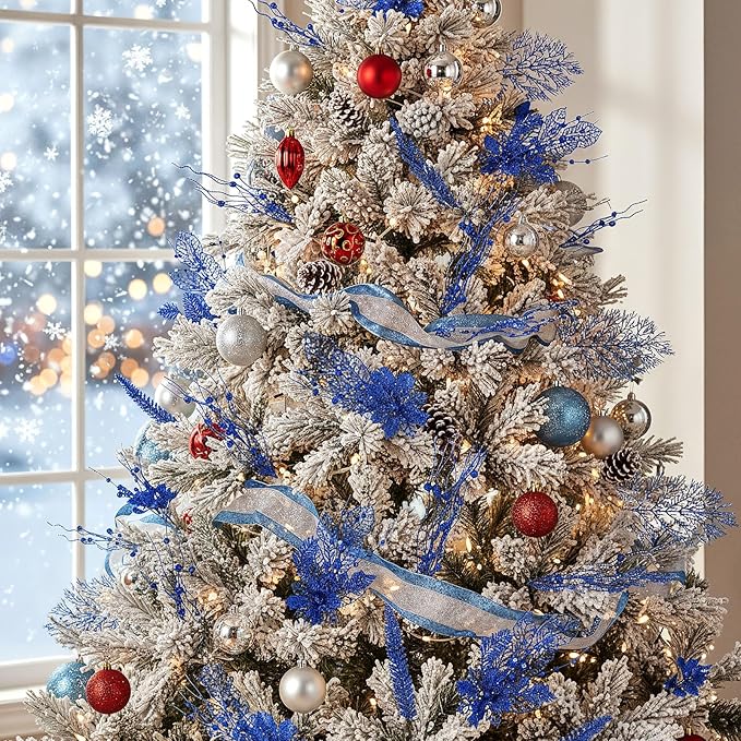 30 Pcs Artificial Christmas Tree Picks and Sprays Glitter Berry Stem Branches Holly Floral Picks Twigs Christmas Tree Ornaments for DIY Xmas Wreath Vase Filler Decorations(Royal Blue)