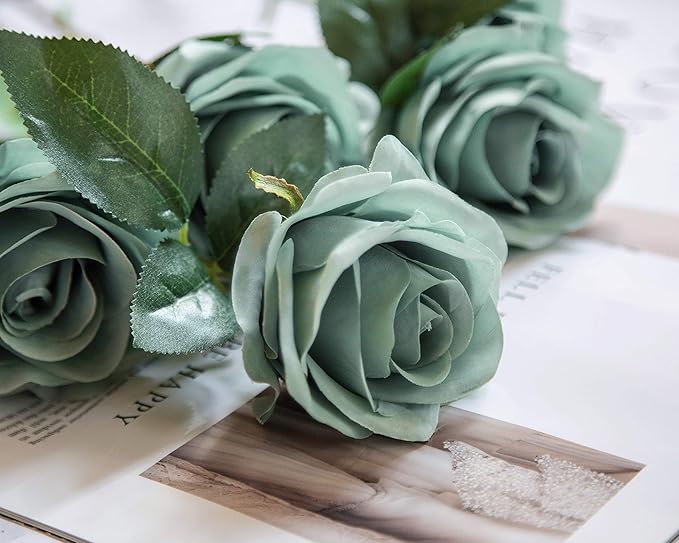 DuHouse 10pcs Fake Roses Artificial Silk Flowers Faux Rose Flower Long Stems Bouquet for Arrangement Wedding Centerpiece Party Home Kitchen Decoration(Dark Teal)