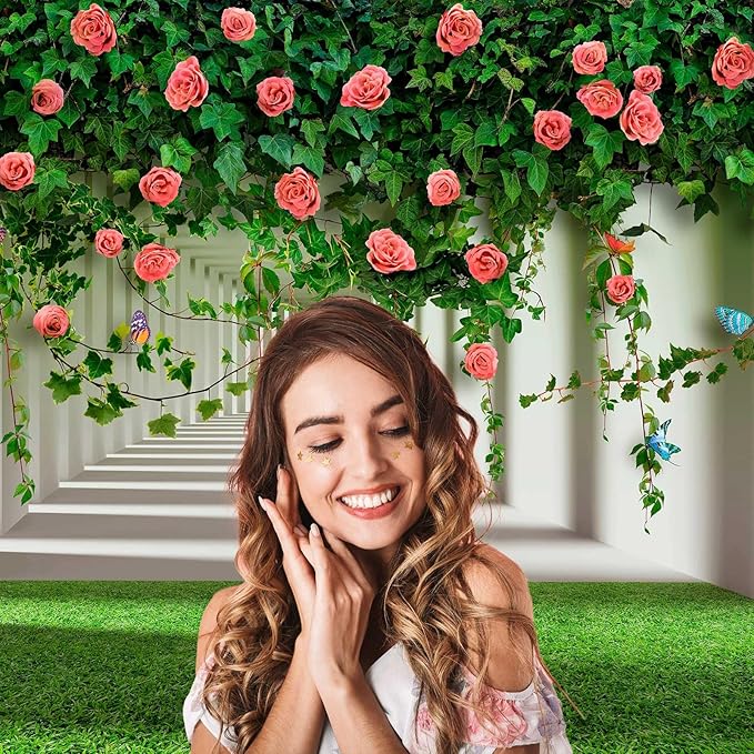 Rose Flowers Backdrop Red Rose Flowers and Green Leaves with Butterflies Photography Background Spring Alley Green Grass Backdrops Outdoor Wedding Party Decorations Photo Studio Props 12x8ft