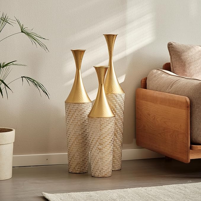 Floor Vases, Tall Home Decor Metal Vase Set of 3 Large Glazed Decorative Vases for Wedding Decor, Elegant Modern Flower Holder for Living Room, Entryway, Hallway, Dining Room