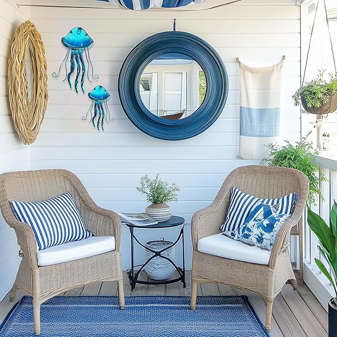 LIFFY Metal Jellyfish Wall Decor Beach Ocean Nautical Tropical Fish Wall Art Home Hanging Decor Glass Metal Fish Wall Decor for Pool, Beach, Patio, Garden,Home(15inch, 10inch)