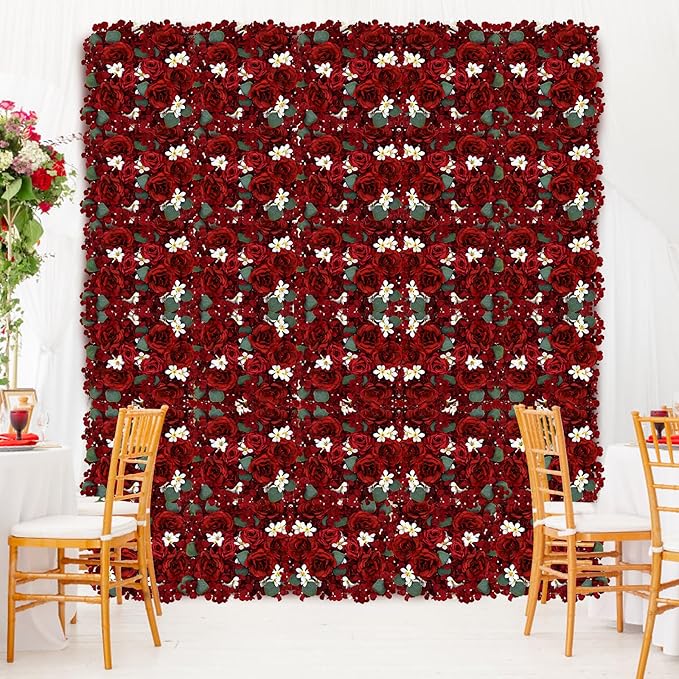 Pack of 6 Artificial Silk Flower Panels, Faux Floral Wall Background for Wedding Party Engagement Bridal Shower Arrangement Home Decorations - Burgundy