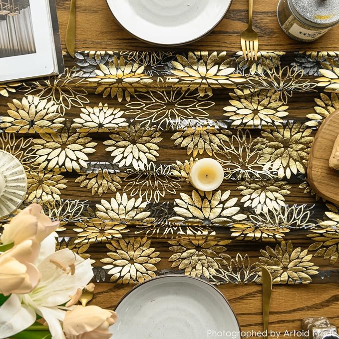 Artoid Mode Black Gold Dahlia Flower Gauze Table Runner 120 Inch 10FT, Glitter Metallic Foil Seasonal Sheer Dining Holiday Table Decor for Home Party