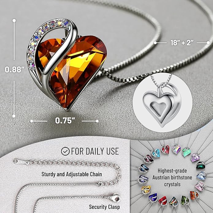 Leafael Necklaces for Women, Infinity Love Birthstone Heart Crystal Pendant, Birthday Jewelry Gifts for Her, Mom, and Wife, Silver Plated, 18 plus 2 inch Adjustable Chain