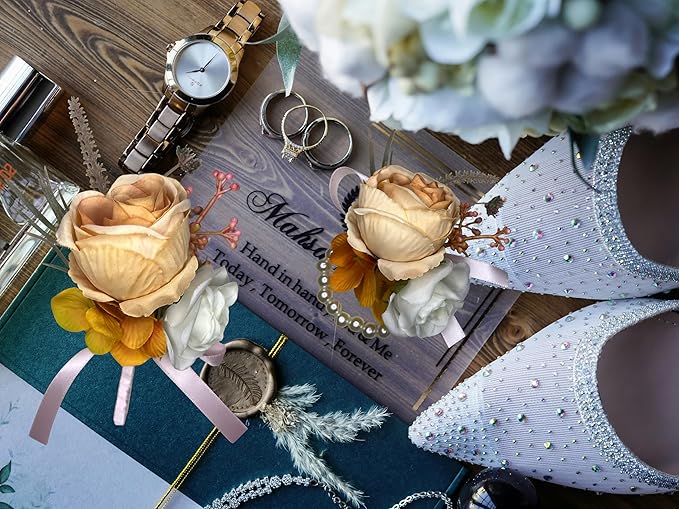 Corsage and Boutonniere Set Corsage Wistlet Burnt Orange Corsage Wrist Artificial Flower Perfert for Proms | Weddings for Bride,Bridesmaids, Groom,Groomsmen Decor (Burnt Orange)