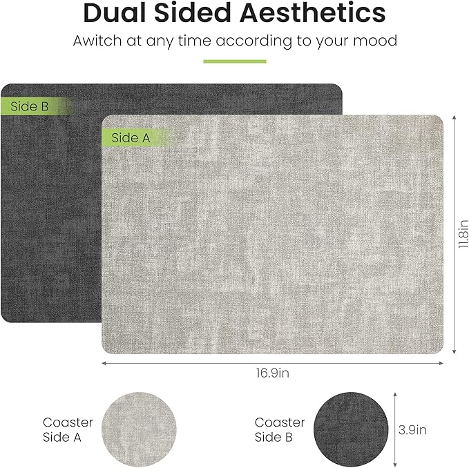 Placemats Set of 6, Faux Leather Heat Resistant Wipeable Placemats, Dual Sided Waterproof Washable Table Mats with Coaster, Suitable for Kitchen, Dining, Table Decor(6, Black Light Gray)