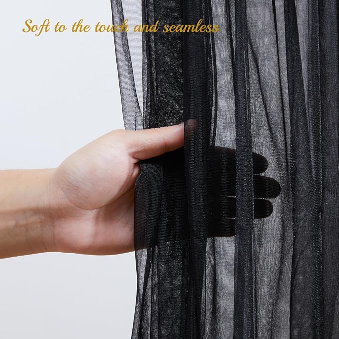30x8ft Black Tulle Backdrop Curtain with Lights String for Parites, Sheer Backdrop Curtains for Wedding Baby Shower Birthday Party Photo Shoot Decorations