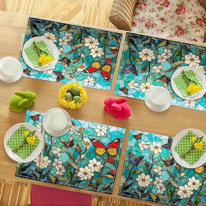 Butterfly Teal Placemats Set of 6, Colorful Stained Glass Place Mats, Rustic Flowers Dining Table Mats, Washable Placemats for Kitchen Dining Room Home Decor 18L'' × 12W''