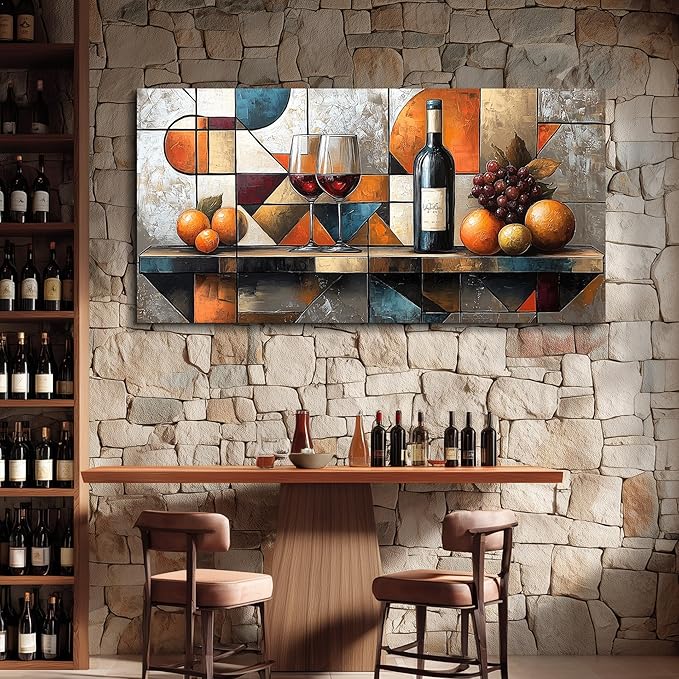 hyidecorart Wine Glass Fruit Painting Still Life Large Canvas Wall Art For Kitchen Wall Decor For Living Room Dining Room Decorations Geometry Abstract Picture Artwork Bar Posters Home Decor 24"x48"