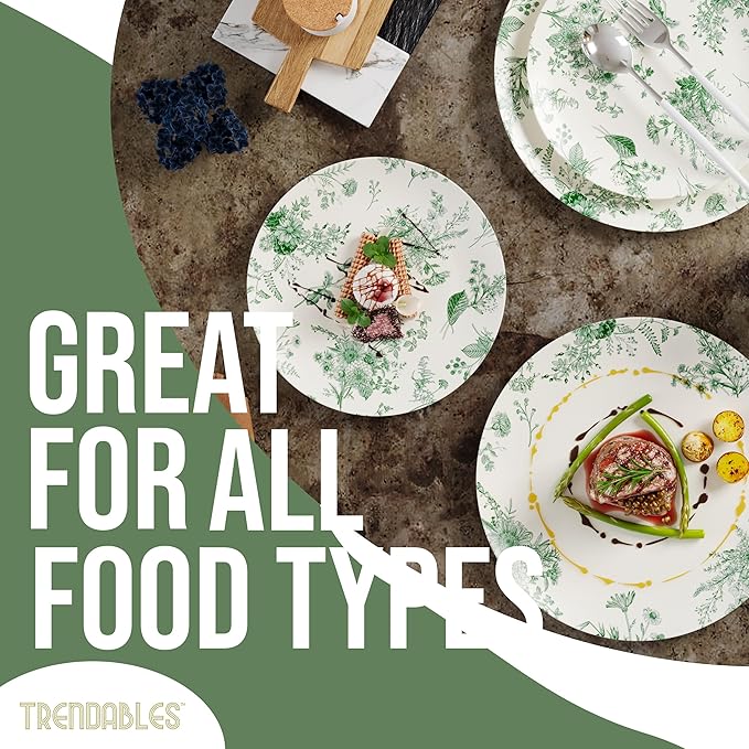 Trendables Plastic Disposable Plates Set I 8 Inch Dessert Plates & 10 Inch Wedding Party Plates | Ivory & Green Verdure Design (40)