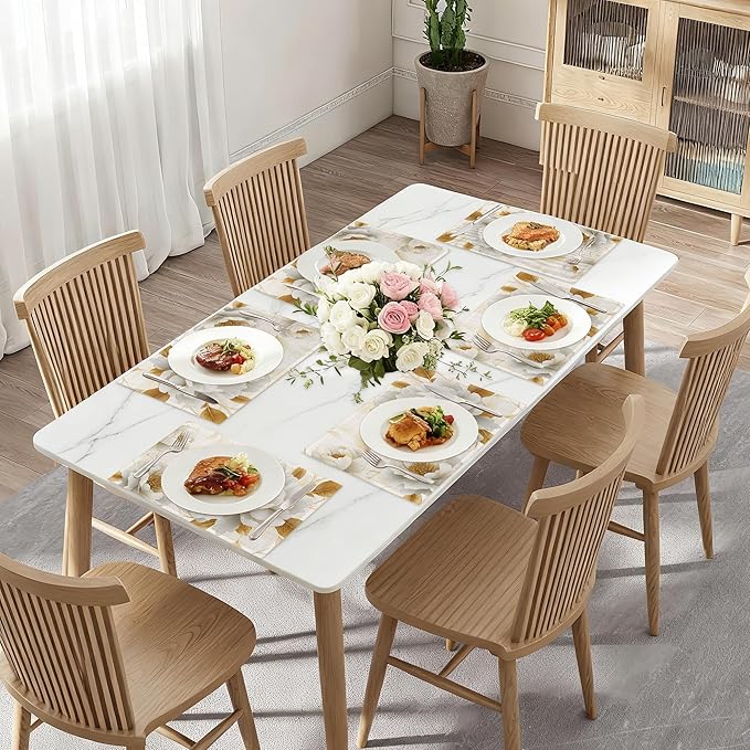 Vintage Peony Placemats Set of 6,White Gold Flower Waterproof Heat Resistant Dining Table Plate Mat for Home Kitchen Dining Table 12x18Inch