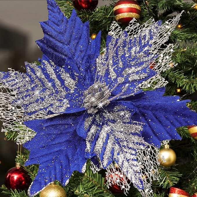 10'' Large Christmas Glitter Poinsettia Flowers Decorations, stadeco 10 Pcs Christmas Tree Picks Ornaments Artificial Flowers with Long Stems for Xmas Tree Wreath Garland Wedding Party DIY Decor