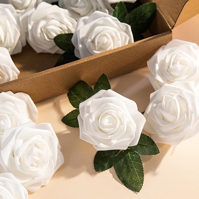 Artificial Flower Foam Rose 25pcs Real Looking Fake Rose with Stems Leaves for Home Decoration Party Garden Centerpieces DIY Wedding Bouquets（White）