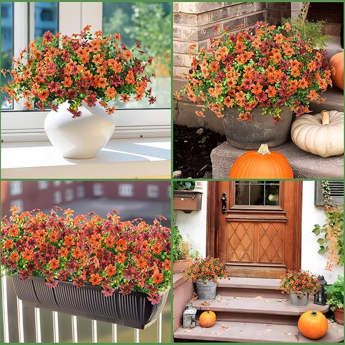 Artificial Mums Fake Fall Flowers for Outdoors Decoration, 12 Bundles Realistic Autumn Silk Daisy Faux Plants UV Resistant Decor for Home Garden Porch Patio Yard Balcony Window (Orange Brown)
