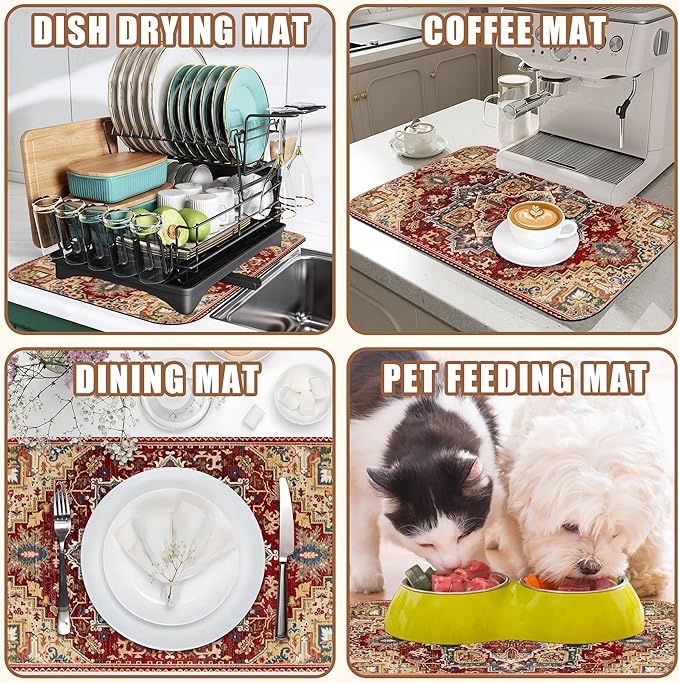 Boho Dish Drying Mat Persian Tribal Coffee Bar Mat for Countertop Absorbent Rubber Backed Hide Stain Dish Drainer Rack Pad Coffee Maker Espresso Machine Dining Room Decoration 11.8 x 19.7 Inch