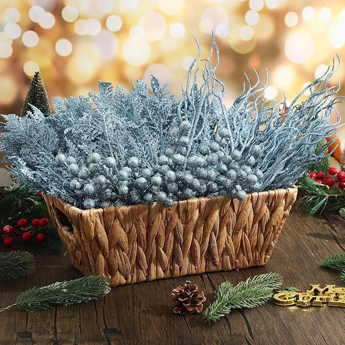 75 Pcs Christmas Glitter Branches 3 Styles Artificial Christmas Picks Berries Stems Pine Needles Floral Twig Spray for Xmas Tree Ornaments DIY Wreath Garland(Lake Blue)
