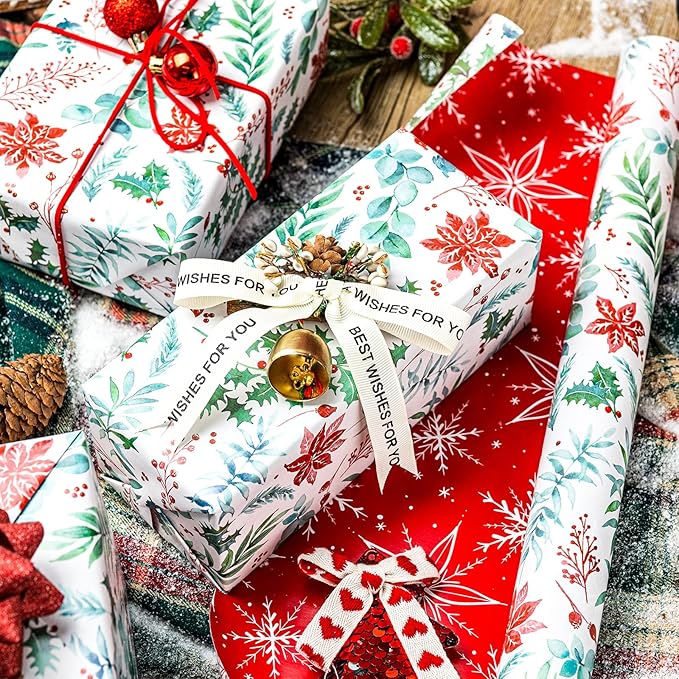 Yarcony Christmas Wrapping Paper, Holly Wrapping Paper, Vintage Watercolor Poinsettia, Floral Botanical & Winter Green Pattern Neutral Christmas Gift Wrap for Holiday, Celebration (17 Inch x 33 Feet)