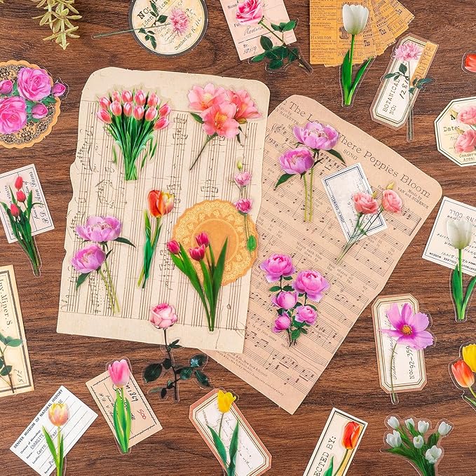 320Pcs Flower Stickers, Cute Vintage Floral Sticker for Kids, Clear Wildflower Stickers for Water Bottles, Scrapbooking, Card Making, Crafts, Laptop