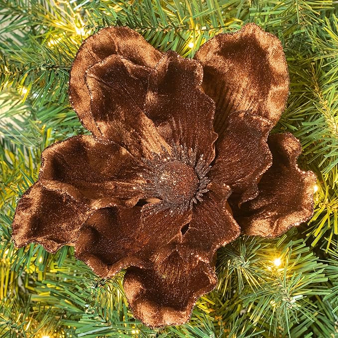 KI Store Brown Velvet Magnolia Flowers Pack of 6 Oversize Artificial Christmas Poinsettia Floral Picks Stems for Xmas Tree Wedding Centerpiece Decorations