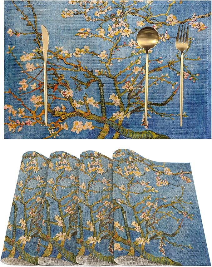 Blossoming Almond Tree Placemats Set of 4, Retro White Flower Place Mats Heat Resistant Washable Non-Slip Table Mats for Party Kitchen Dining Decor 12x18 Inch