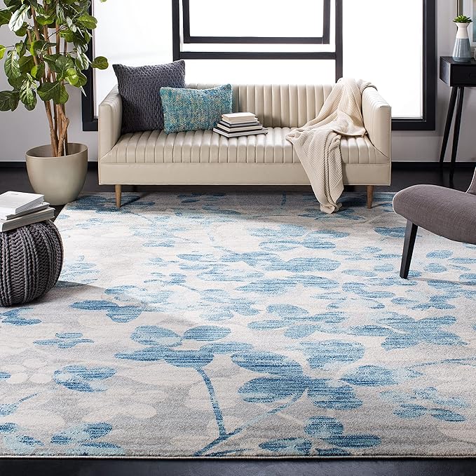 SAFAVIEH Evoke Collection Area Rug - 6'7" x 9', Grey & Gold, Floral Design, Non-Shedding & Easy Care, Ideal for High Traffic Areas in Living Room, Bedroom (EVK236P)