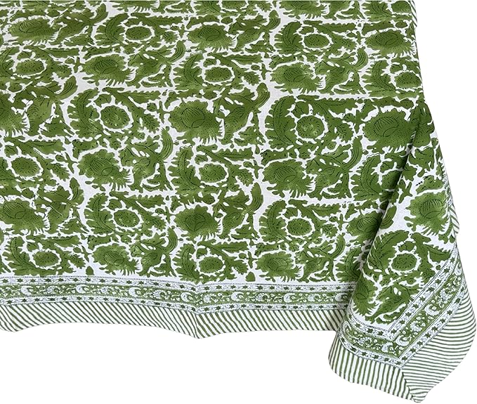 ATOSII Paradise Green 100% Cotton Rectangle Summer Tablecloth, Handblock Floral Print Linen Table Cloth for Kitchen Dining I Parties, Weddings, Outdoors, 60 X 108 Inches I 8 Seater