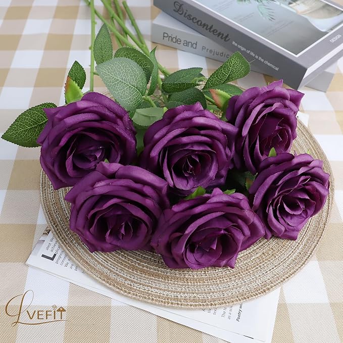 Artificial Rose Flower Plum Flowers Silk Flowers 12 pcs with Long Stem Silk Roses Bouquet for Wedding Bridal Shower Party Home Decoration