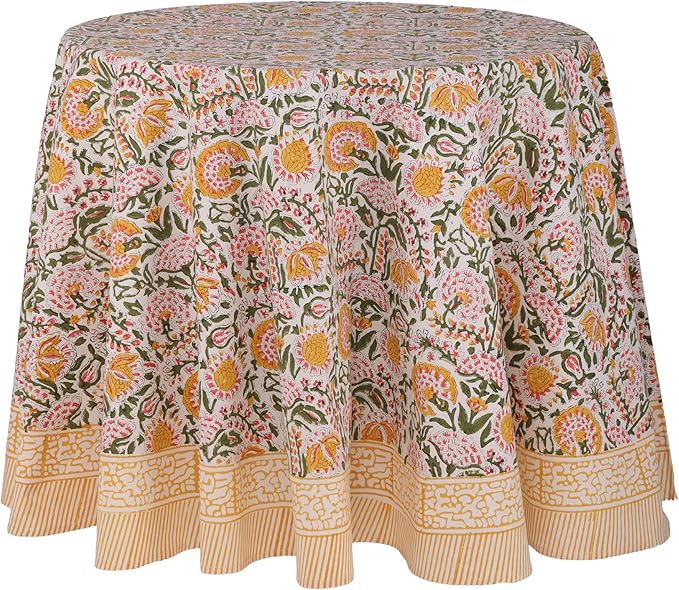 ATOSII Clover Yellow 100% Cotton Round Tablecloth, Handblock Print Floral Table Cloth for Kitchen Dining Linen I Parties, Weddings, Outdoors, Christmas, Thanksgiving I Fall Home Decor 72" Inches Round