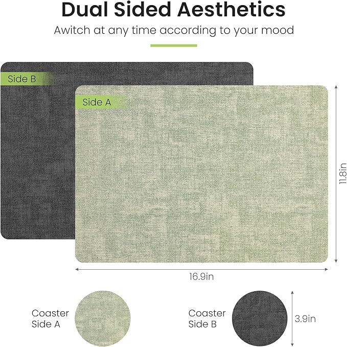 Placemats Set of 4, Faux Leather Heat Resistant Wipeable Placemats, Dual Sided Waterproof Washable Table Mats with Coaster, Suitable for Kitchen, Dining, Table Decor (4, Black Light Green)