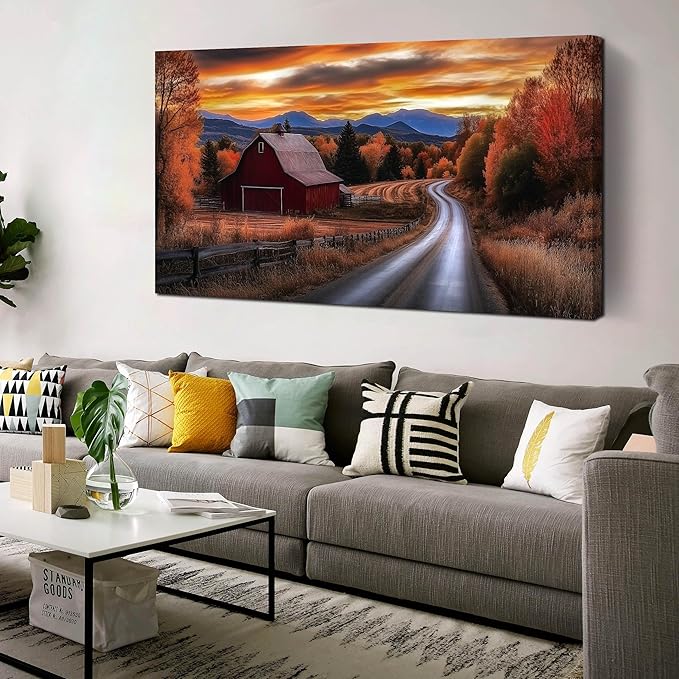 JuhaiArt Large Natural Wall Art Landscape Canvas Decor Fall Canvas Picture for Living Room Bedroom Red Barn Farmhouse Artwork 29" x 59"