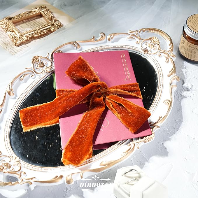 Copper Velvet Ribbon 1.5 inch Copper Frayed Velvet Ribbon Raw Edge Ribbon for Wreaths, Christmas Thanksgiving Decor, Flower Bouquet, Gift Wrapping, Bows Making-3 Yards