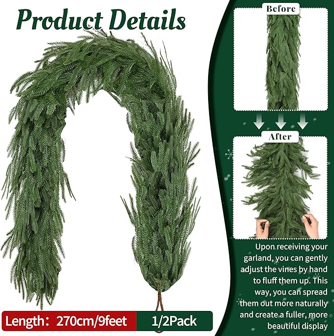 Palonu 1Pcs 9Ft Artificial Norfolk Garland, Faux Christmas Greenery Touched Like Real Needles Pine, Decoration for Table Mantle Wall Porch Fireplace Indoor Outdoor Winter Holiday Décor