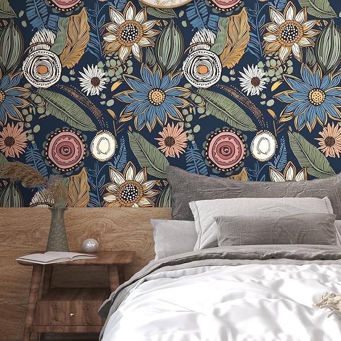 Boho Wallpaper Peel and Stick, Dark Vintage Floral Contact Paper, 17.5" x 197" Retro Botanical Flower Wall Paper Self Adhesive Removable Waterproof for Walls Shelf Cabinet Table (Blue,Yellow, Green)