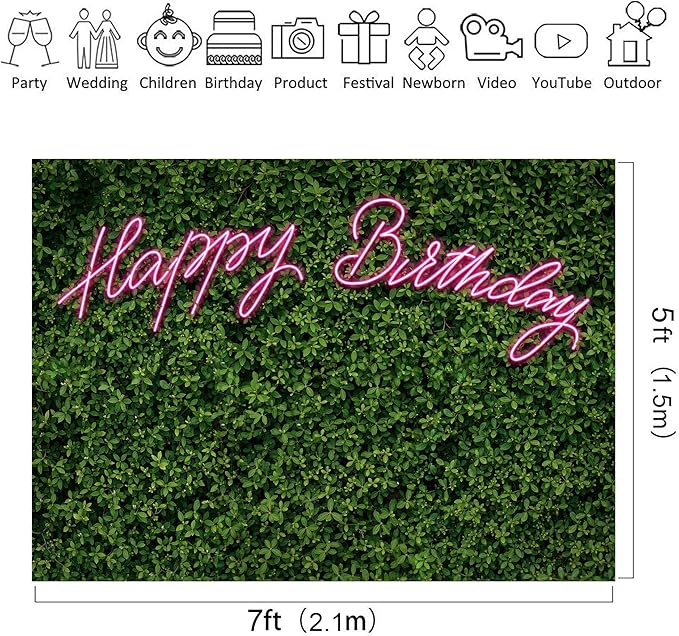 Riyidecor Neon Happy Birthday Backdrop Green Grass Leaf Rustic Spring Leaves Plant 7Wx5H Feet Pink Nature for Woman Photography Background Birthday Party Decoration Photo Studio Shoot Fabric