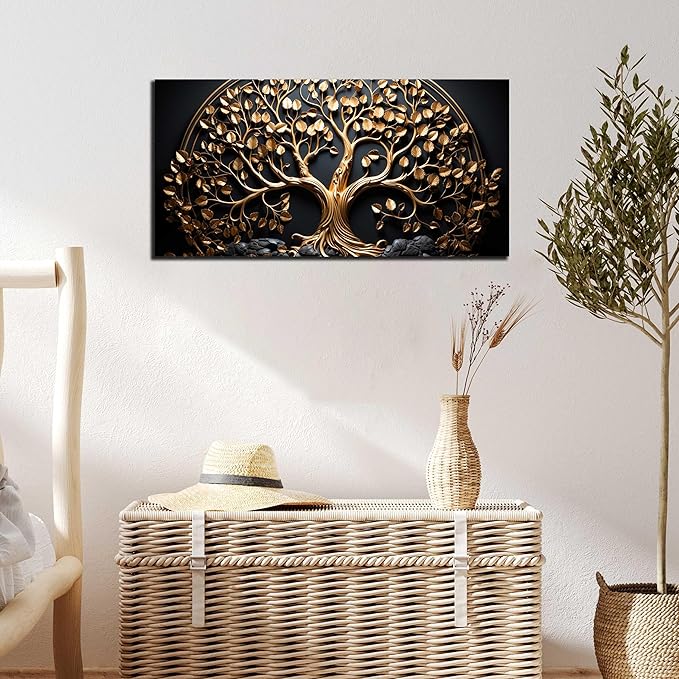 Tree Canvas Wall Art for Living Room Black and Gold Wall Art for Office Modern Art Wall Decor Bedroom Size 20" x 40"