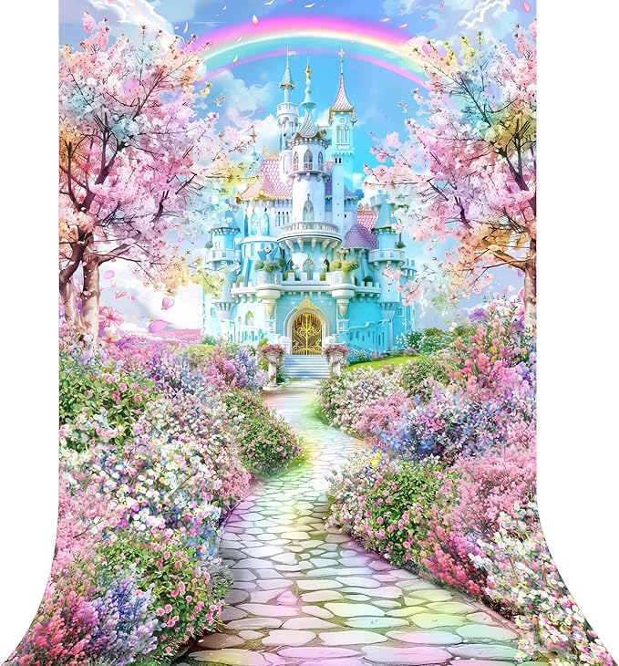 Riyidecor Princess Castle Backdrop Spring Pink Sakura Rainbow Colorful Floral 5Wx7H Feet Fairy Tale Wonderland Photography Background bridal shower wedding birthday Photo Studio Shoot Polyester Fabric