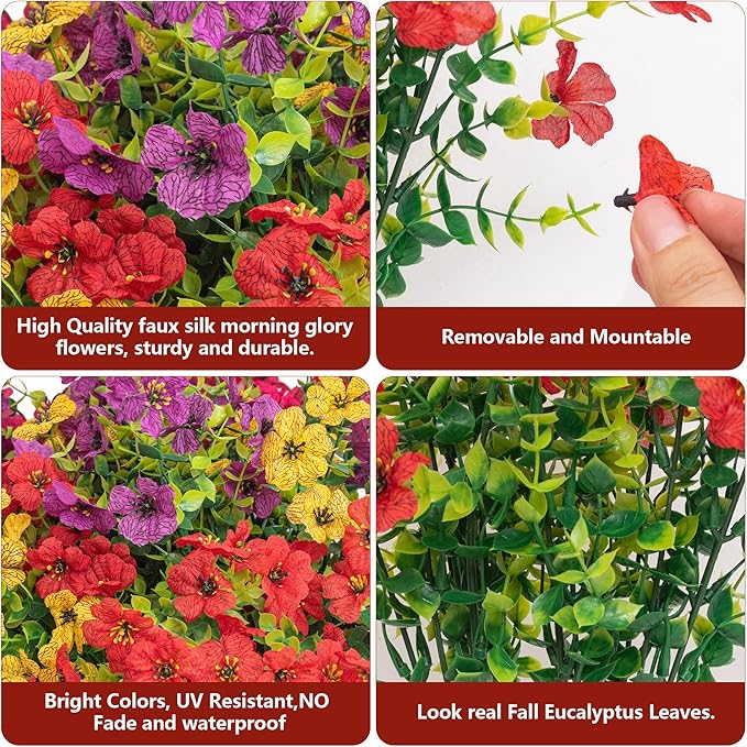Artificial Flowers Faux Plants for Outdoor Garden Home Weeding Decoration, 12 Bundles Silk Colorful Daisy with Eucalyptus Leaves Fake Plants Greenery for Outdoor Outside Winter Chrsitmas Decor