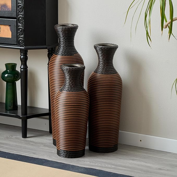 Black and Brown PVC Floor Vase Set of 3, Modern Decorative Flower Stand, Tall Artificial Vine Vase, Classic Home Decoration Vases for Living Room, Entryway, or Office