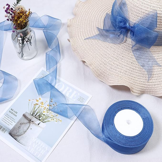 1.5 inch Sheer Organza Ribbon Blue Chiffon Ribbon for Gift Wrapping Christmas Halloween Decoration Wedding Bouquet Crafts 50 Yards