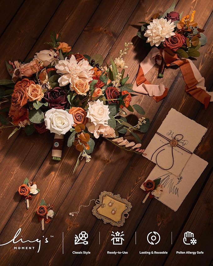 Ling's moment Boutonniere for Men, 10pcs Groomsmen Guest Boutonniere, Artificial Flowers for Wedding Décor/Prom/Homecoming,etc.Fall Terracotta Orange