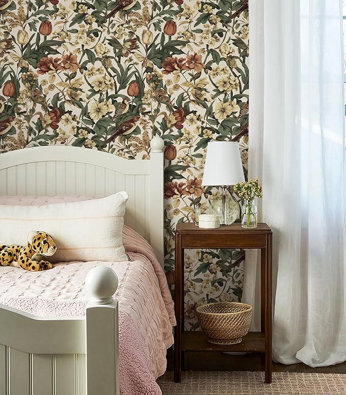 Erfoni 17.3" x197" Beige Retro Floral and Bird Contact Paper Vintage Peel and Stick Wallpaper for Bedroom DIY Self Adhesive Wall Paper Boho Floral Leaf Removable Wallpaper for Accent Wall Covering