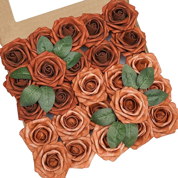 Artificial Flowers, 50pcs Artificial Rose for DIY Wedding Bouquets Centerpieces Arrangements, Shades of Terracotta Foam Roses with Stem for Bridal Shower Party Home Decorations