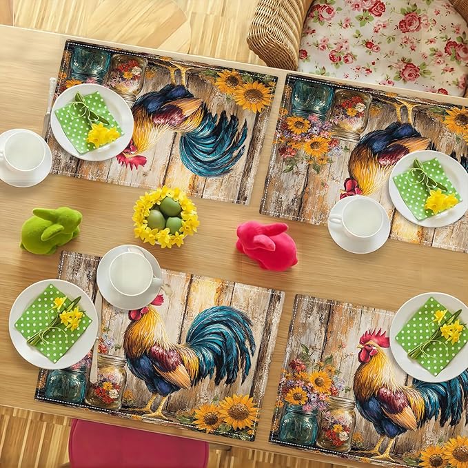 Farmhouse Rooster Placemats Set of 6, Rustic Chicken Place Mats, Sunflower Dining Table Mats, Washable Placemats for Kitchen Dining Room Home Decor 18L'' × 12W''